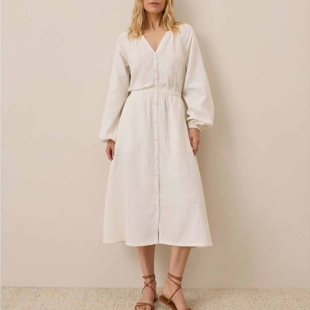 Pact Coastal Double Gauze Poet Sleeve Dress Sea Salt White